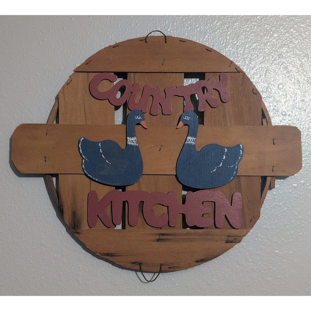 Vtg Bushel Basket Lid Banded Wicker Goose Country Kitchen Hanging Cottage 17x14